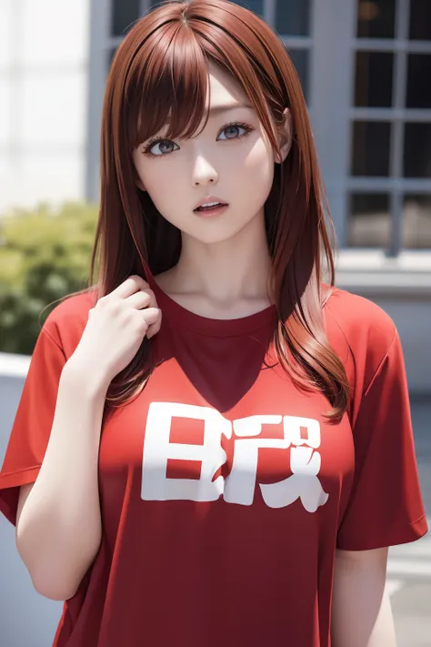 The upper part of the body、an oil painting、​masterpiece、top-quality、hight resolution、Medium hair with red hair、bright red semi-long hair、bustshot、Loose and fluffy perm、rotＴThe shirt、Short sleeved red shirt、The letters on the shirt are Hargon、Make a scary f...