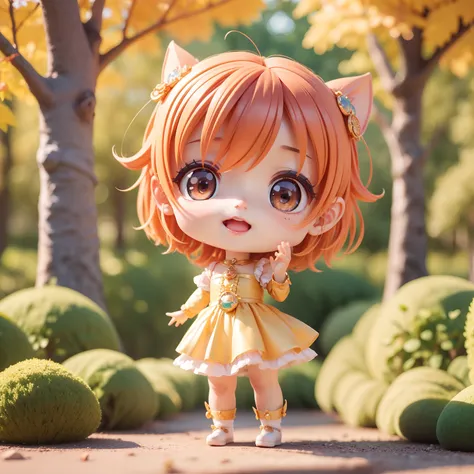 Cute Baby Chibi Anime,(((chibi 3d))) (Best Quality) (Master Price)、Chibi Fairy、sprawl、Open your mouth and smile、Standing、A detailed face、Fairytale autumn forest in the morning sunshine、Small face、Jewelry Decoration Costumes