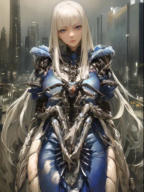 (realistic, painting_style), mature, woman, blue dress, long hair, light platinum hair, drill hair, blunt bangs, (arthropod girl, monster girl:1.2), masterpiece, best quality, portrait, standing, sharp eyes, realistic eyes, head tilt, smug, looking_at_view...