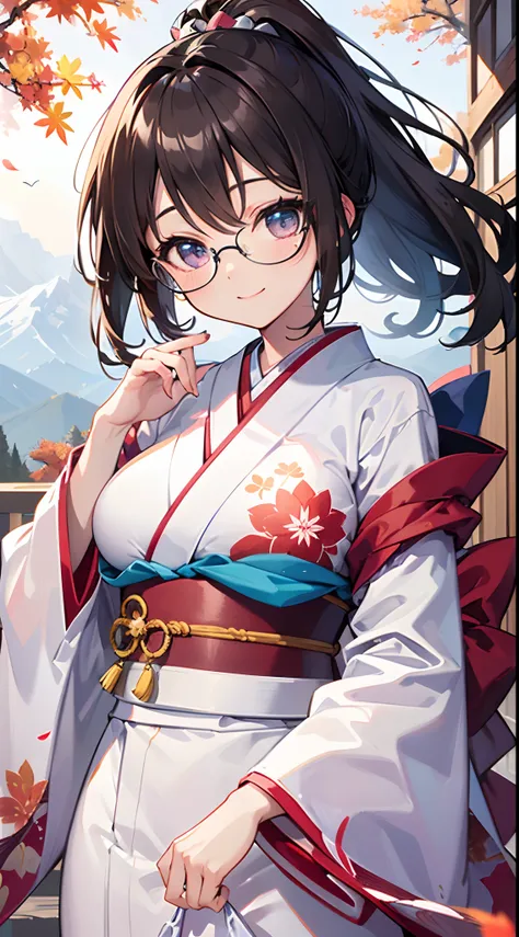 ((masterpiece)), ((best quality)), (ultra-detailed), ((kawaii)), cute, (lovely), ((extremely detailed)), 4K, (8K), best quality, (beautiful), anime style, upper body, full body focus, mountain, daytime, autumn, a cute girl, 1girl, solo, kimono, japanese cl...