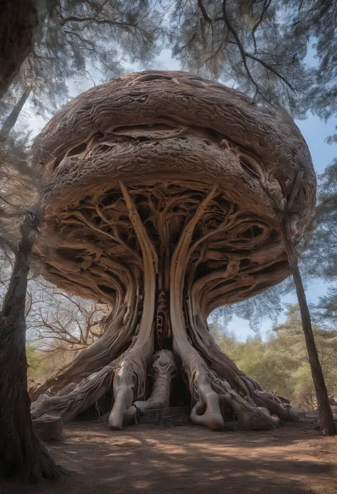 A large tree made of flesh and bones grows，There are many baby eggs，There is  flowing out