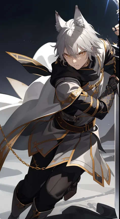 1boy,solo,gray hair, templar golden knight outfit, gray long chainmail skirt, wolf ears, wolf tail, black long boots, serious face, masterpiece, HD, vibrant,night background,attacking with a sword,lightnings around