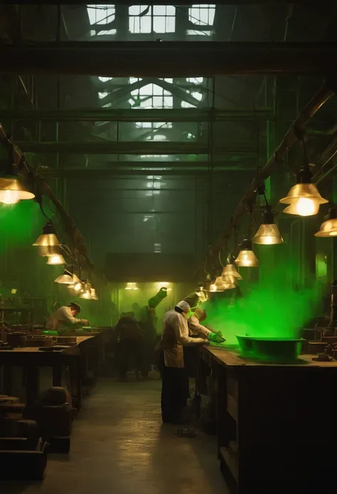 People working in an 19th century factory, dirty of glowing fluorescent green paint and you can see their bones glowing green beneath their skin like x-ray vision inspired by the story of the radium girls