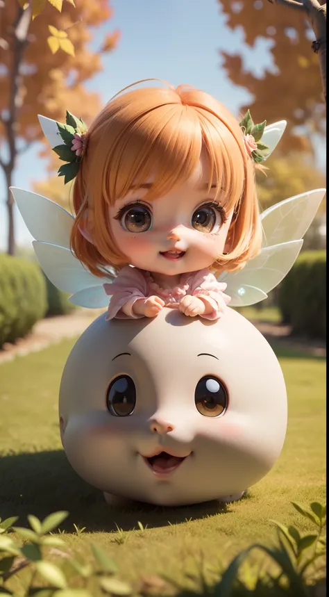 Cute Baby Chibi Anime,(((Chibi 3D))) (Best Quality) (Master Price)、(Chibi Fairy:1.3)、sprawl、Open your mouth and smile、Cheek down pose、A detailed face、Fairytale autumn forest in the morning sunshine、a small face