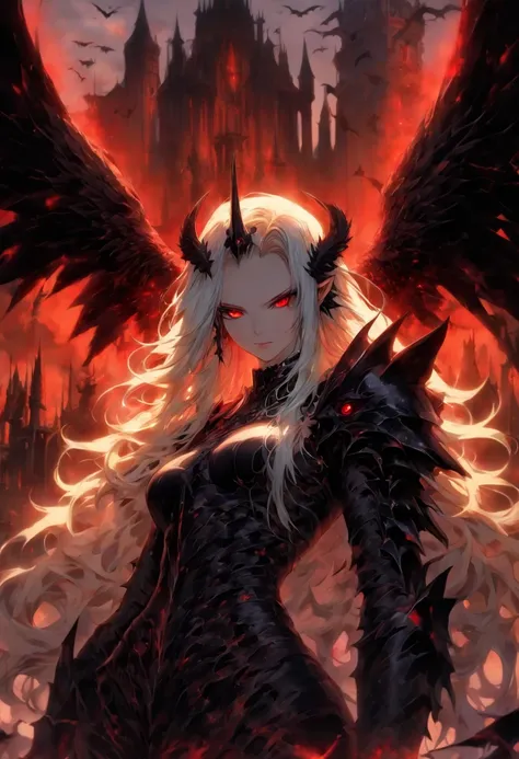 The most beautiful and sexy demon goddess, long white hair, glowing red eyes, wearing detailed black gothic battle armor, black angel wings, huge nude tits exposed and showing, vagina nude exposed and showing, tattoos and piercings, gothic castle, perfect ...