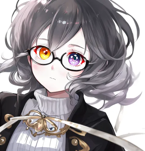 Bend fluffy hair，Heterochromatic pupil，A cute face with delicate makeup，Round glasses with thick frames，She is a very tender intellectual beautiful girl，Wearing a turtleneck cotton coat with white and black stripes