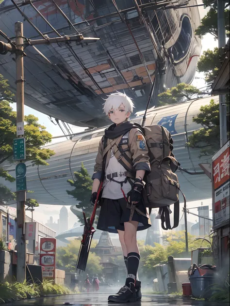 1boy,Mans ,Cyberpunk Boy、silber hair、Spiky hairstyle、Sword,machine gun、bow and arrow、Whole body bloody、The beginning of the adventure、(Very large airship:1.5)、Magic Hour with Clouds,ruined and devastated city、Complex Japan buildings、school buildings、temple...