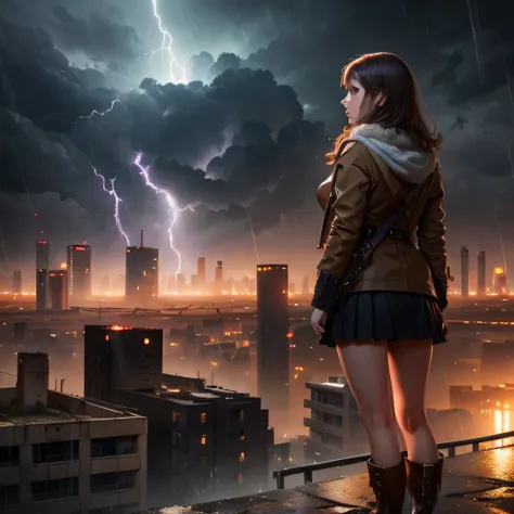 A beautiful girl with brown hair in short skirt and boots in love with a strong man, backlight, thunderstorm, rain, ruined city background, ruined buildings, ruined factories, nature, endless ruined buildings view,