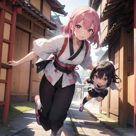 ​masterpiece、(EDO period,Japanese tradition:1.2)、girl running、Woman Goemon、Senryō Box、Small format Zak Zaku、Pink sneak costume、boyish、short wavy hair、Pink hair