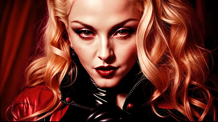 blond naked woman with a red lipstick and a black jacket, Madonna, villainess, about to consume you, unreleased, dark lips, madonna portrait, voodoo”, original sin, ellen von unwerth, evil godess, profile image, dark!!!, pure evil, evil look, horror ”, hor...