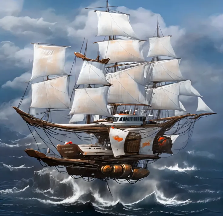 Super velero futurista, con casco blanco, It has three masts and a multitude of sails and is flying among the multicolored clouds and while down in a very rough sea huge threatening waves crashing against the cliffs