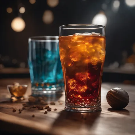 The universe in a cup, The whole universe exists inside the glass..., Planets and galaxies in a glass, Wooden dining table, super realistic, hyper detailed, dramatic lighting, 4k, ultra hd, Realistic, bright colours, A highly detailed, UHD Drawing, Pen and...