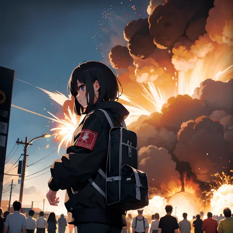 Background with、big explosion、Street、There are no people、from the front side、unmanned