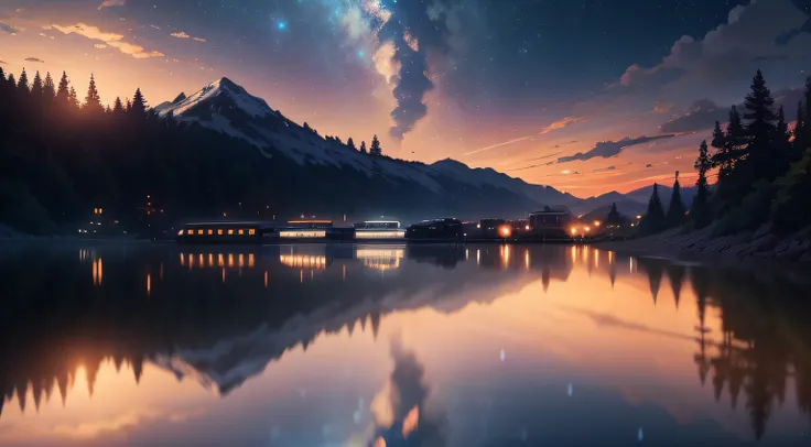 High quality masterpiece, landscape, anime train passing through bodies of water on tracks, bright starry sky. Romantic train, pixiv, concept art, lofi art style, reflection. by Makoto Shinkai, lofi art, Beautiful anime scene, Anime landscape, detailed sce...