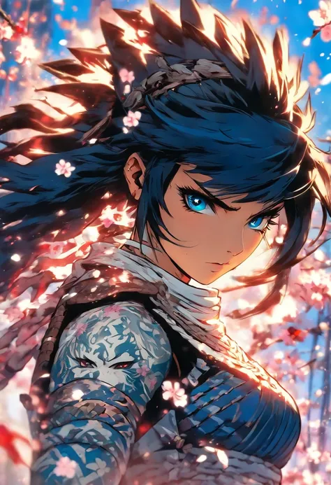 The most beautiful and gorgeous ninja warrior princess, black hair, blue eyes, wearing highly detailed white battle armor, tattoos and piercings, blood splattered, cherry blossoms blowing in the wind, post apocalyptic Japan, perfect masterpiece, high quali...