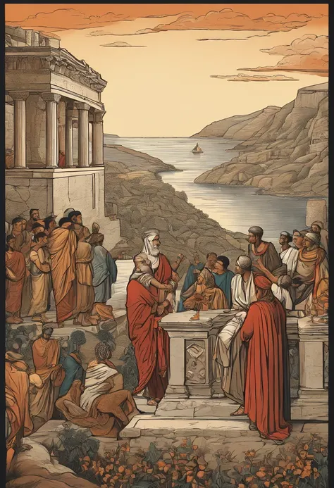 Draw a depiction of Cleantes of Assos discussing the importance of virtue and ethics with his followers, with visual elements that emphasize the connection between Stoic philosophy and the quest for eudaimonia.