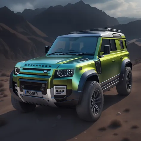 A cinematic photorealistic color digital drawing of 2022 Land Rover Defender, extreme modified and styled by Luigi Colani, insanely detailed and intricate, crisp sharp and clear, volumetric lighting, ultra-high resolution, masterpiece hyper realistic artwo...