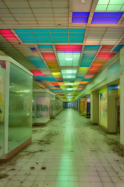 backrooms abandoned mall, Abandoned shopping mall, In an abandoned shopping mall, In an abandoned mall, Abandoned mall in 1 9 8 0s, Ruined mall at night, Shutter Mall Store, the scary empty liminal spaces, completely empty, clown、Retrofuturist liminal spac...