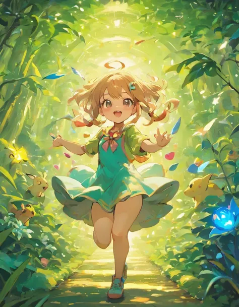 A girl capturing a vibrant Vtuber Bat Pokemon in a lush garden, using a mix of 3D rendering and photography. The scene is set with beautiful detailed eyes, lips, and an extremely detailed face. The girl is wearing vibrant clothing, and her passionate expre...