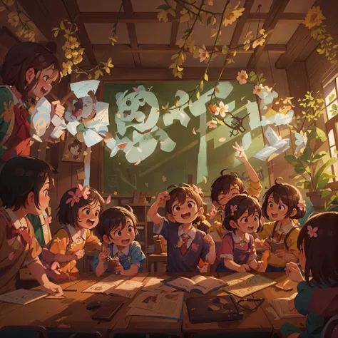 In the classroom,A group of happy children,peach blossom，(extremely colorful, Best quality, high detailed, Masterpiece, Cinematic Lighting, 4K, Chiaroscuro,Ray traching)