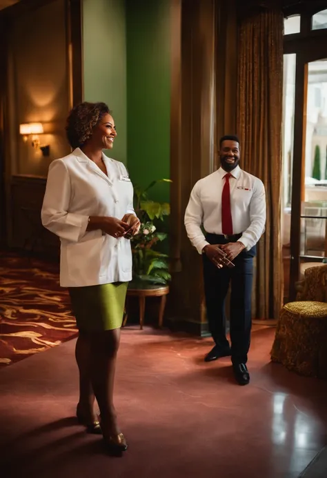 with a self-confident, smiling hotel employee serving a guest