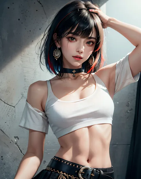 (masterpiece, best quality, 1girl, solo, intricate details, chromatic aberration), (realistic),(skin), ((breath)),(black hair,blunt bangs),detailed hair, red head ornament, blue highlights, hair over one eye,black eyes, small earrings, sharp eyes, choker,(...