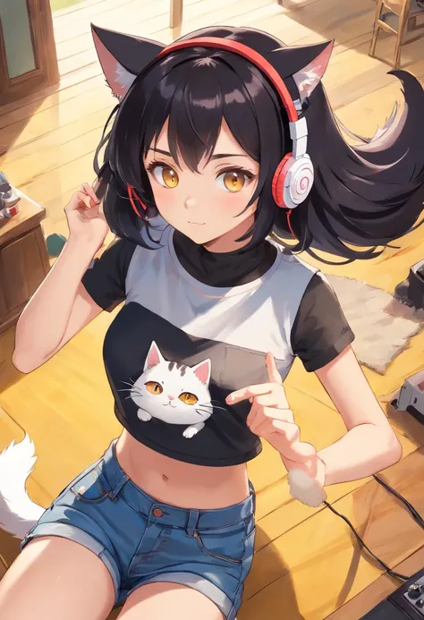 a female teenager with amber eyes, black streaked hair, thin waist, animal ears, cat tail, wearing short jeans, crop top, hair ornament, headphones, dynamic pose, highly detailed, sharp focus,(8k, UHD), (best quality, masterpiece),profoundly intricate, pre...