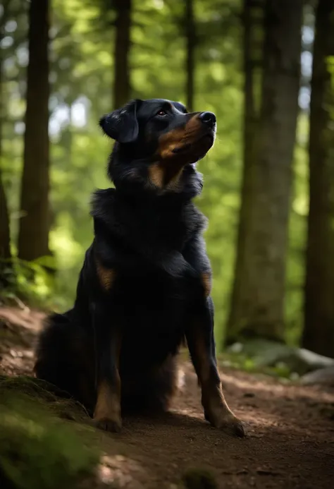 portrait of dog  at a gathering in the forests of Himachal Pradesh, Cinematic, Photoshoot, Shot on 25mm lens, Depth of Field, Tilt Blur, Shutter Speed 1/1000, F/22, White Balance, 32k, Super-Resolution, Pro Photo RGB, Half rear Lighting, Backlight, Dramati...