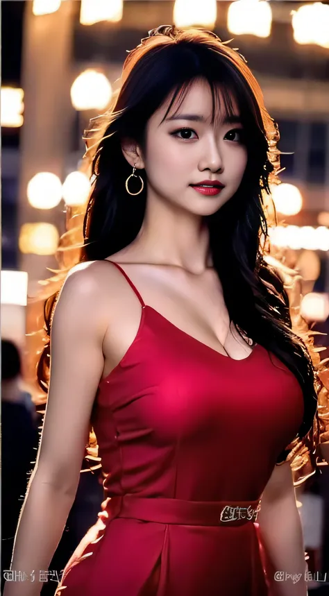 top-quality。８K-Picture。Ultra-high pixel。The background is the city at night。girl with。hair is long and slightly wavy,,,,,,,,,,,,,,,,,,,,,,,,,,,,,,,,,,,,,,,,,,。The color is dark brown。Glamour style、((huge-breasted：1.8))。wearing red dress、Photos dancing bril...