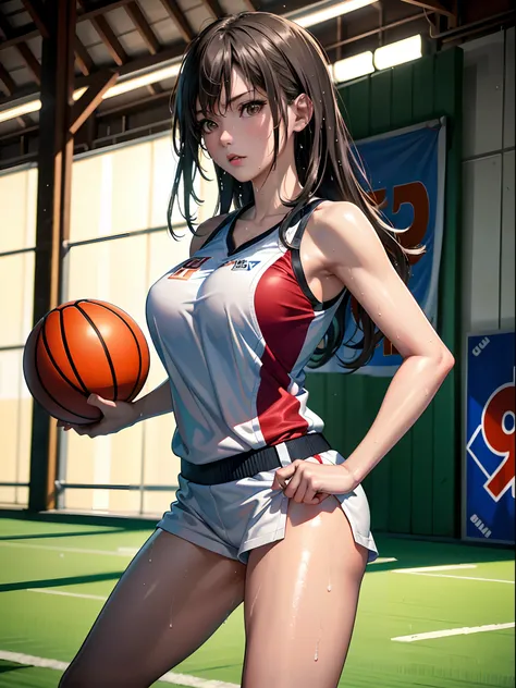 (8K, Raw photo, Best Quality, masutepiece:1.2), (Realistic, Photorealsitic:1.37),1 girl,Beautiful,Powerful, (Solo),A detailed face, Dramatic Angle,
Shoot the ball,Basketball Uniform ,Sports, Look away,Sporty,Wet skin,Sweat,Large breasts,nice legs,basketbal...