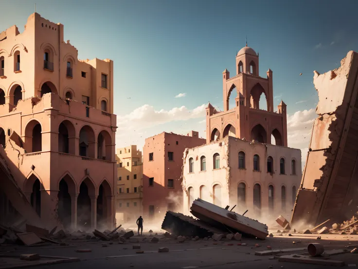 earthquake, the rest of buildings debris of Marrakech city, sad moment, Gris scale, super detailed picture,