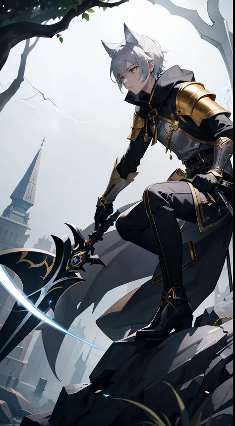 1boy,solo,gray hair, templar golden knight outfit, gray long chainmail skirt, wolf ears, wolf tail, black long boots, serious face, masterpiece, HD, vibrant,night background,attacking with a sword,lightnings around,