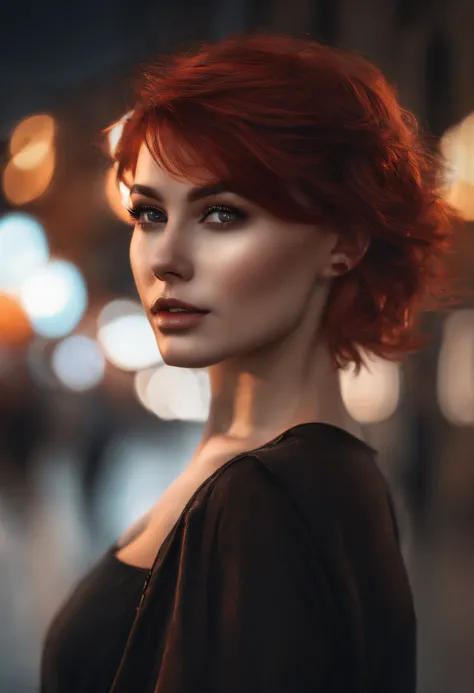 beautiful girl, half body portrait, short bright red disheveled hair, black eyeshadow, (street style wear:1.2), (city background:1.2), dark makeup, digital art, trending on artstation, highly detailed, fine detail, intricate,  beautiful detailed glow, deta...