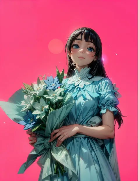 Beautiful anime girls,Long black hair,Delicate and delicate face,light  smile,Holding a very beautiful bouquet of light blue flowers,Beautiful dress in light blue,Perfect hands,detail-rich,solid color simple background,Movie lighting,contrast of light and ...