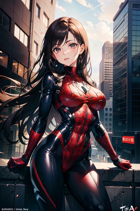 (masutepiece, Best Quality), Intricate details, 8K, art  stations, Wallpaper, Official art, Splash Art, Sharp Focus, 1girl in, Tifa Lockhart, Long hair, dark brown eyes, Black hair, Big breasts, Skins dont appear, Skintight Spiderman Suit, She wears a whit...