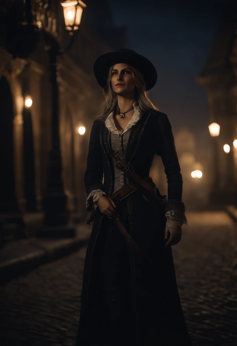 Beautiful and young Lady Maria from Bloodborne with her common clothes at night at Yharnam City