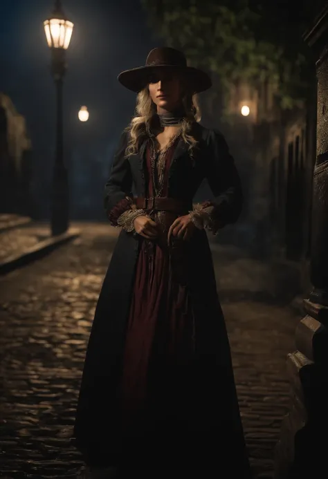 Beautiful and young Lady Maria from Bloodborne with her common clothes at night at Yharnam City, 80s movie