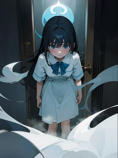 ​masterpiece,top-quality,horor,A girl frightened by ghosts is hiding in the school toilet,A dark-haired,Petite little girl,student clothes,Crouching and trembling,Scared look,Pale,Teary-eyed,The ghost of a woman with long hair glares at a girl,Female ghost...