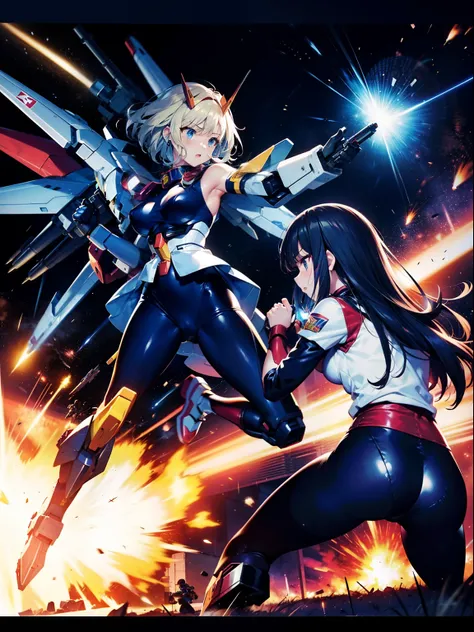 (Girls punching the GUNDAM, knocking down the GUNDAM), Girls destroying GUNDAM, Girls fighting to GUNDAM, holding weapons, crushed GUNDAM, explosion, shooting, fired to GUNDAM, war, girl holding missile launchers, wearing mechanical suits, machinery costum...