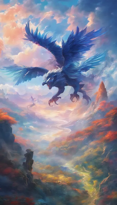 Blue sky in dreams，baiyun，Ultra-ethereal sky，Thick rolling white clouds，Like white clouds in a fairyland，Phoenixes fly in shape-like clouds，Clouds in the shape of giant birds spreading their wings，closeup cleavage，（ultra-realistic realism），（Unreal style），（...