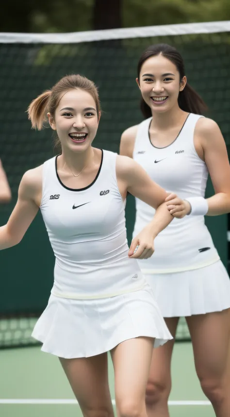 tennis、Womens Doubles、game、hiquality、A hyper-realistic、healthy、Smiling expression、Slender perfect figure、Japan beauties、beautidful eyes、face perfect、Beautiful skin