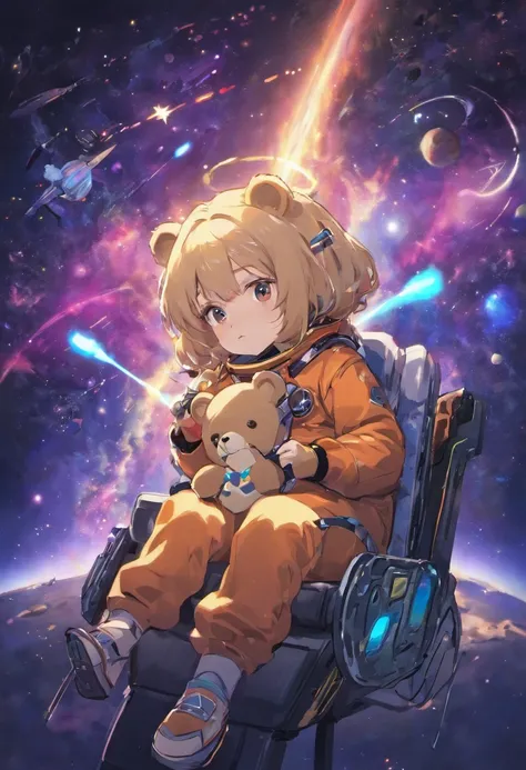 teddy bear, astronauta, com um controle de PlayStation 5, sentado em uma poltrona, Wandering in outer space, with several constellations in the background, sem mais detalhes