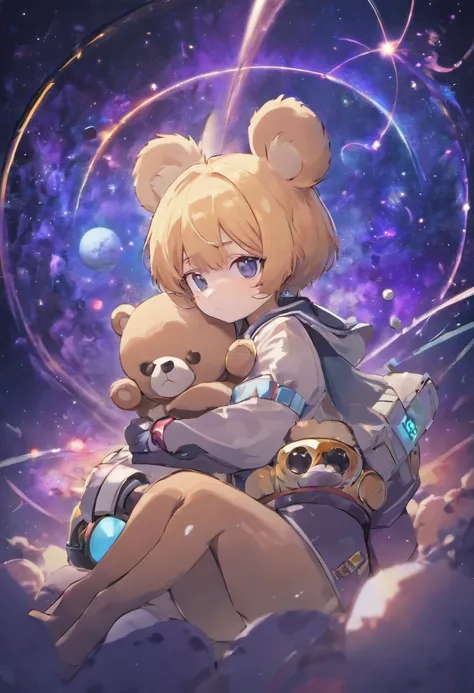 teddy bear, astronauta, com um controle de PlayStation 5, sentado em uma poltrona, Wandering in outer space, with several constellations in the background, sem mais detalhes