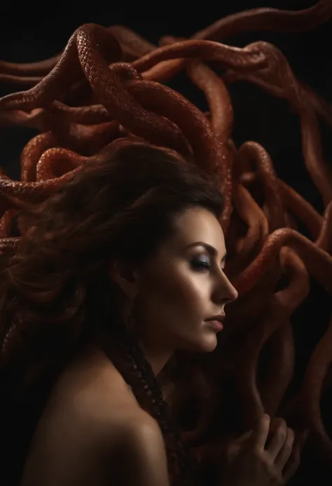 ultra realistic nude model in the center of a studio. she has tentacles and dark magic