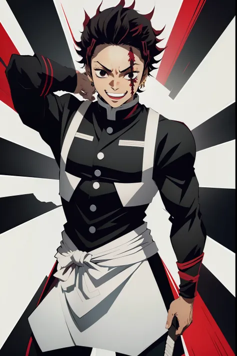 jovem negro, Uniform demon slayer, vento ao redor, Penteado Zoro, cabelos pretos, Nichirin vermelho, Lutando, Bleach poses, Olhos bonitos, happy, lindo, black eyes, awsome smile