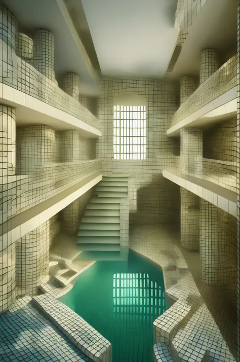 the room with the stairs leading to the top has a pool, tiled room squared waterway, surreal 3 d render, archviz, impossible sti...