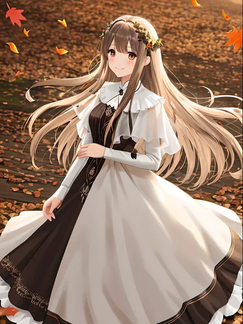 Brown and white long dress　Pretty girl　cabelos preto e longos　a smile　Black eyes　Photo of partially fallen leaves fluttering　Dress and hair fluttering in the wind　Fairytale background　Autumn fantasy