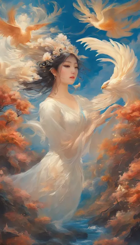 Blue sky in dreams，baiyun，Ultra-ethereal sky，Thick rolling white clouds，Like white clouds in a fairyland，The phoenix flies in a shape like a cloud，Clouds of giant birds spreading their wings，closeup cleavage，（ultra-realistic realism），（Unreal style），（8k wal...