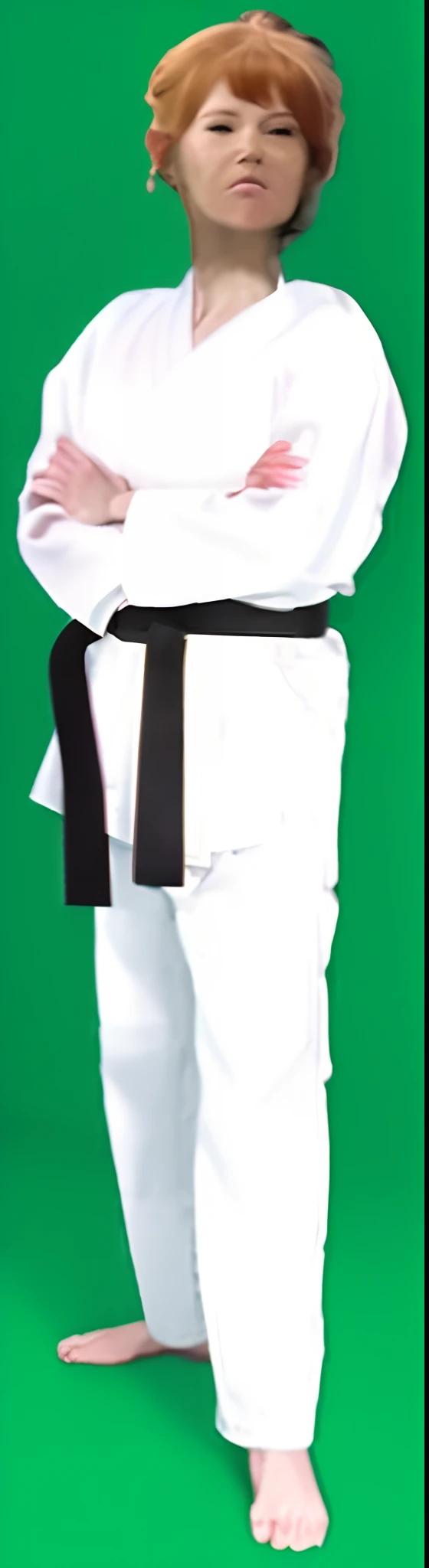 red-haired woman standing with her arms crossed in a karate pose, karate outfit, white belt, karate, wearing a white gi, white uniform, belts & velcro galore, belt, martial arts, inspired by Masamitsu Ōta, silk belt, gi, karate pose, detailed image, powerf...