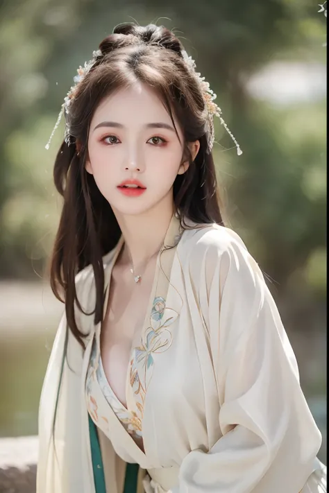 ((Best Quality, 8k, Masterpiece: 1.3)), Focus: 1.2, Perfect Body Beauty: 1.4, Buttocks: 1.2, ((Layered Haircut)), (Wet Clothes: 1.1), (Rain, Street:1.3), (Breasts: 1.2), (Hanfu: 1.2), Bare Shoulders, Bare Legs, Highly Detailed Face and Skin Texture, Fine E...